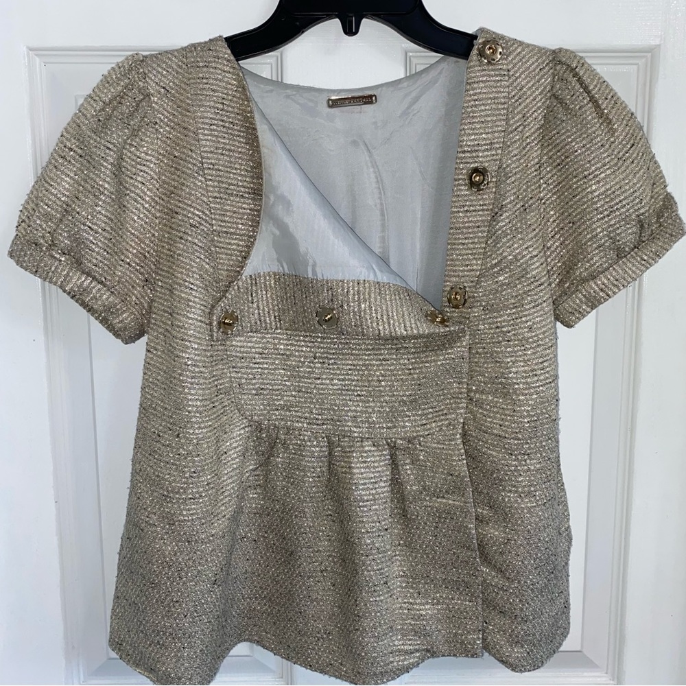 LOEFFLER RANDALL Tan Silver Metallic Puff Short Sleeve Snap Blouse - Picture 7 of 13